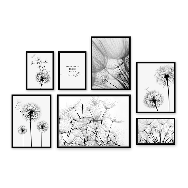 Interior Design Sketch - Dandelion Flower Black and White Decorative