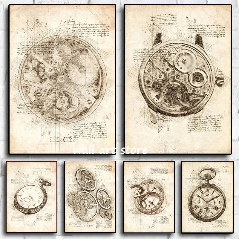 Vintage Watch Sketch Poster Ge - Interior Design Sketch 리뷰 및 가격